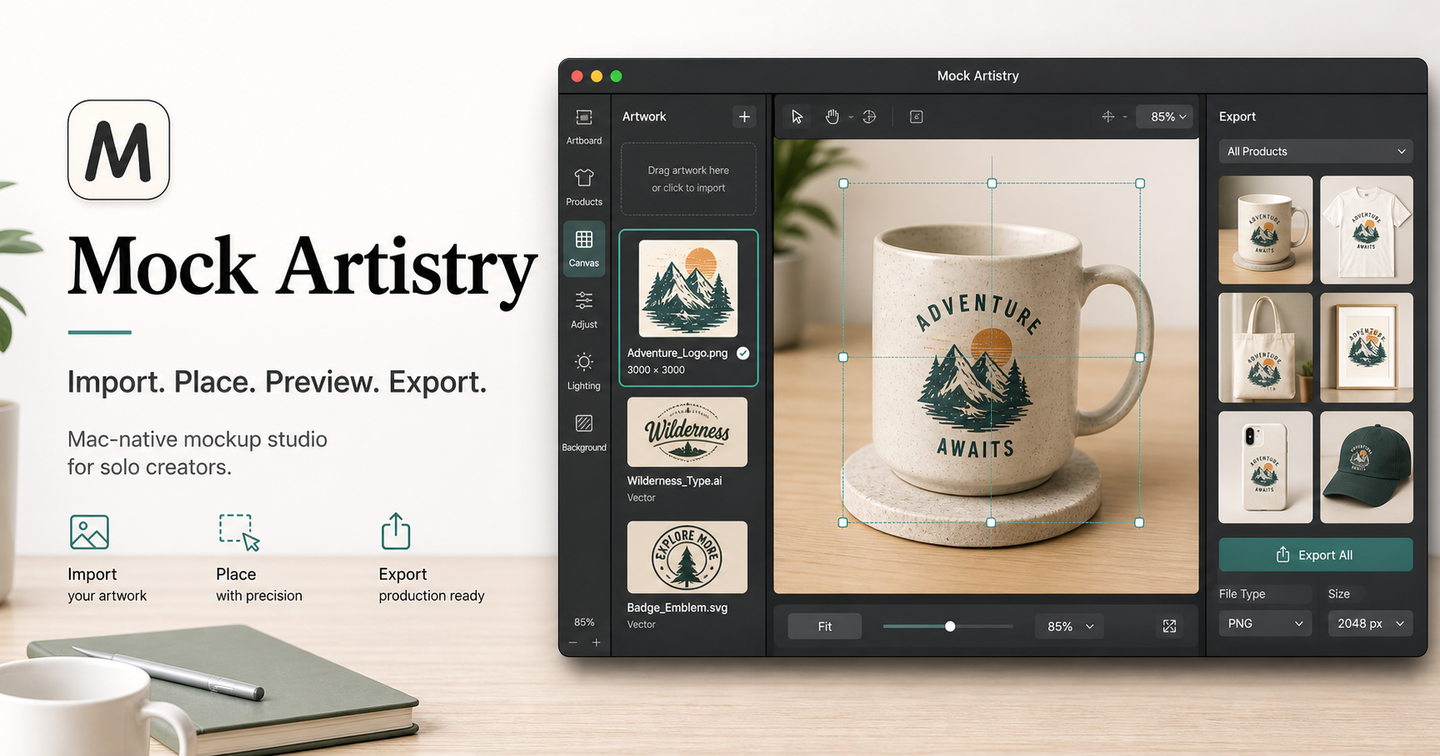 Mock Artistry workflow showing calibrated artwork placement on a realistic ceramic mug mockup